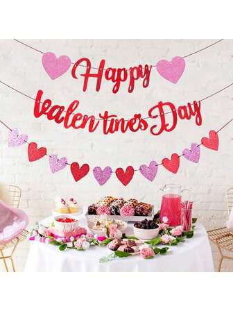 1 Set Red Glitter Happy Valentine's Day Banner, Red & Pink Heart Shaped Banners, Valentine's Day Party Decor, Anniversary, Wedding, Birthday Party, Romantic Atmosphere Decoration