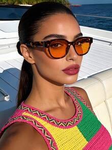 1副椭圆形复古时尚眼镜，百搭休闲女式眼镜，橙色镜片，适合日常佩戴、街头风、度假、海滩、秋冬装扮 - 橘色 - 查看 3