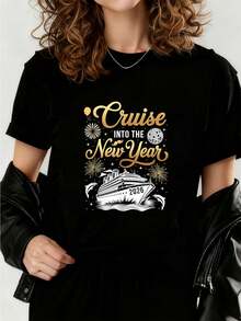 Camiseta de de Nochevieja Feliz Año Nuevo 2026        Camisetas impresas para mujeres 2026, camisetas de primavera para mujeres, camisetas de invierno, camisetas de para mujeresás vendidas - Negro - Ver 1