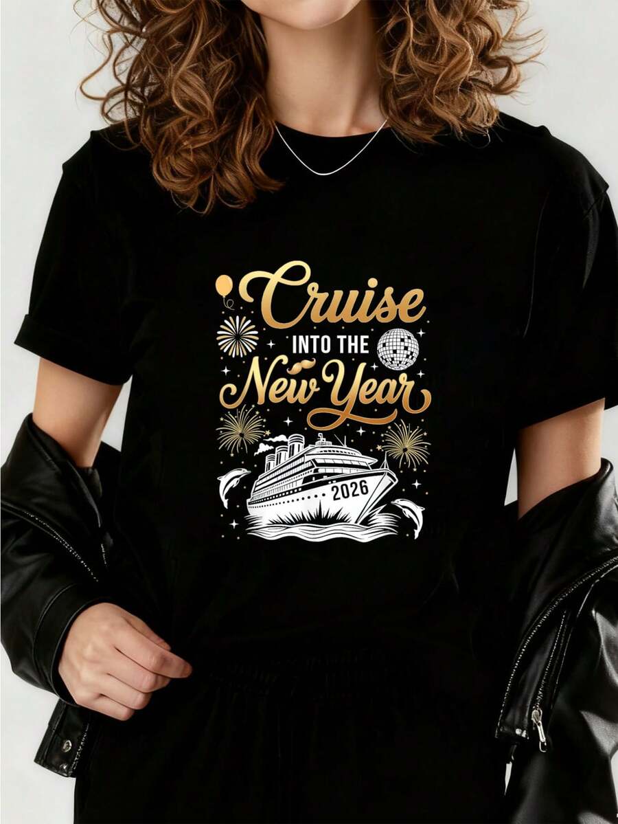 Camiseta de de Nochevieja Feliz Año Nuevo 2026 Camisetas impresas para mujeres 2026, camisetas de primavera para mujeres, camisetas de invierno, camisetas de para mujeresás vendidas - Negro - Ver 1