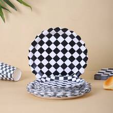 1 Set Black & White Checkered Petal Shaped Disposable Plates, Napkins, Cups, Tablecloth And Banners, Party Supplies Set For 16 Guests, Suitable For Birthday, Wedding, Theme Party, Family Picnic - Multicolor - View 3