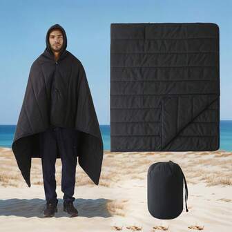 1 pieza Manta de exterior para invierno, manta de camping 2 en 1 con capucha y botones, manta de viaje ligera y resistente al viento, relleno de fibra de alta calidad de 150 g/m², cálida y acogedora, adecuada para excursionismo, senderismo, playa, picnic, deportes, con bolsa de almacenamiento