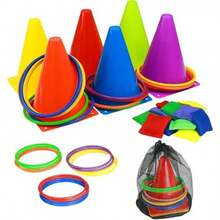 一套创意冰淇淋甜筒玩具套装，包含圆形投掷玩具：感官运动训练、彩色标牌桶 - 户外游戏、甜筒投掷互动游戏（颜色随机）