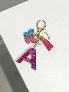 1pc English Letter Keychain, Charm Keyring With Butterfly Tassel Pendant - Contrast Sequins - View 4