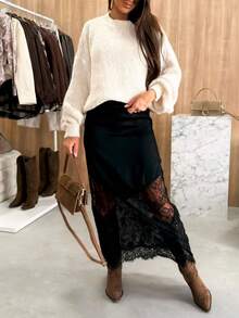 2025新款优雅纯色梭织蕾丝拼接拉链半身裙，修身款式，适合日常穿着，秋冬黑色春季款 - 黑色 - 查看 4