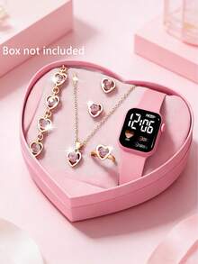 6件套优雅可爱的LED心形数字显示电子手表，专为女孩设计，适合佩戴。套装包含手链、项链、戒指和耳环，是生日/节日礼物的理想之选，也适合返校、聚会、旅行等日常场合。毕业季、情人节也是送给女孩的完美礼物。 - 彩色 - 查看 15