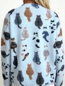 罗纹针织开衫毛衣，优雅长袖上衣，猫咪印花图案，宽松休闲时尚，舒适的秋冬服装，适合圣诞节和感恩节穿着。 - 藍色 - 查看 2