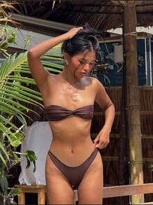 女士时尚抹胸扭结比基尼，高衩丁字裤，露背泳衣，度假海滩夏季 - 咖啡棕 - 查看 1