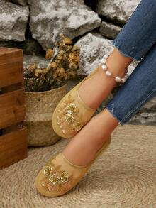 Dép lê nữ thêu chỉ vàng, dép bệt hở gót thêu họa tiết, kiểu dáng thanh lịch thường ngày, dép lê đế bằng thoáng khí thoải mái thời trang, phù hợp cho trang phục mùa xuân hè. - Vàng - Xem 3