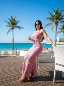 New Women's Maxi Dress In Modal Knit, Lined, With Side Slits And Thin Straps - Ideal For All Types Of Parties And Other Occasions. - Màu Hồng baby - Xem 3