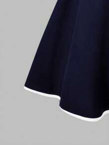 This Elegant And Fashionable Summer Girls' Dress Features A Classic Black And White Color Block Design With A Bow Shoulder Strap. Suitable For Birthday, Party, Daily Outdoor Travel, And Also Makes A Great Gift For Children. - Royal Blue - View 4