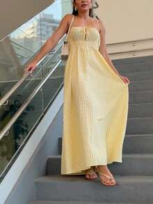 女士优雅格子吊带连衣裙，适合日常穿着、度假和约会 - 黃色 - 查看 6