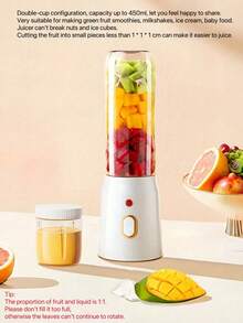 1pc 450ml Juicer Blender, Includes 2 Cups, Portable USB Rechargeable Mini Mixer For Fresh Juice, Wireless And Easy To Carry, Comes With Sports Cup Lid, Ideal Personal Size Blender For Making Smoothies And Milkshakes, Suitable For Home, Kitchen And Travel - Multicolor - View 5