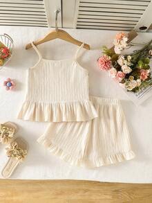 2件組女孩休閒學院風花卉刺繡拼接針織細肩帶上衣與短褲套裝，夏季度假日常穿搭 - 彩色 - 查看 2