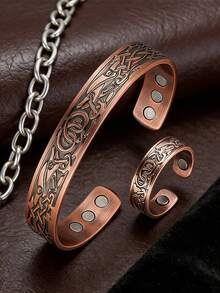 1Pc Vinatge Men's Copper Magnetic Bracelet Celtic Knot Life Of The Tree Carving Open Cuff Bangle With 6 Magnets - Adjustable Size Jewelry Gift For Punk Men Women Boyfriend Dad Fathers Day Best Friend Gift Back To School Halloween Christmas Accessories (Electroplating Products Have A Slight Scratch Is Normal) - Burgundy - View 6