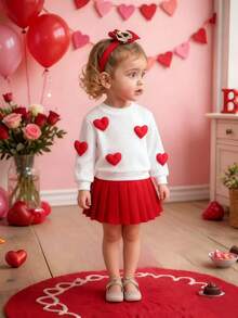Estilo del Día de San Valentín - Conjunto informal para niñas con blusa blanca sólida con decoración de corazón 3D y falda plisada roja grande - Blanco - Ver 1