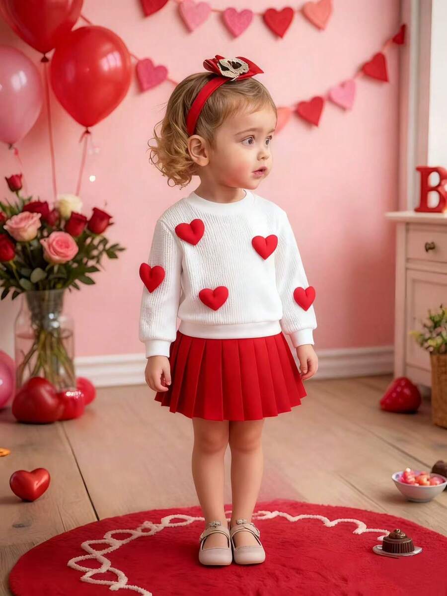 Estilo del Día de San Valentín - Conjunto informal para niñas con blusa blanca sólida con decoración de corazón 3D y falda plisada roja grande - Blanco - Ver 1