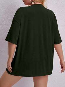 Oversized Printed Aloha Flower T-Shirt, Summer/Spring Short Sleeve Blouse, Lightweight Gym Wear - Army Green - View 2