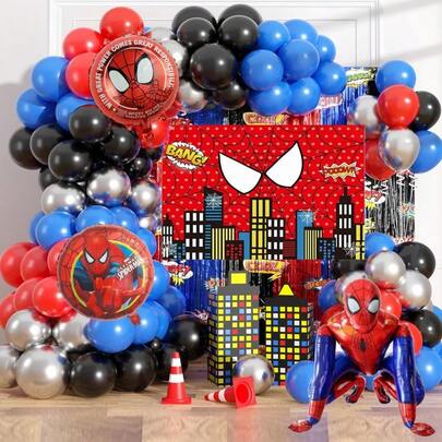 蜘蛛侠气球套装，蜘蛛侠超级英雄主题气球，包含背景幕布，适合生日派对、毕业周年纪念装饰、送给朋友和家人的礼物以及拍照背景道具。