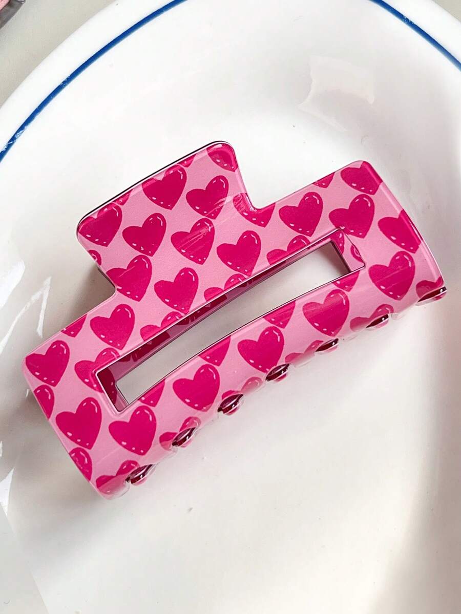 1个女士粉色爱心印花可爱情人节礼物发爪夹，粉色配饰，情人节发夹，发饰，适合学校、大学、秋冬季、女士节日装扮，花朵发夹