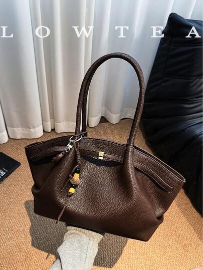 1 st. enfärgad PU-läderväska med en axelrem, vintagemode, stor tygväska med remdekor, magnetisk stängning, design med dubbla handtag, lämplig för resor, shopping, dejting, present till kvinnor, passar tonåringar, studenttjejer och kontorsdamer, perfekt för kontor, skola, arbete, affärer, pendling, utomhus, resor, picknick (säljs med hänge)