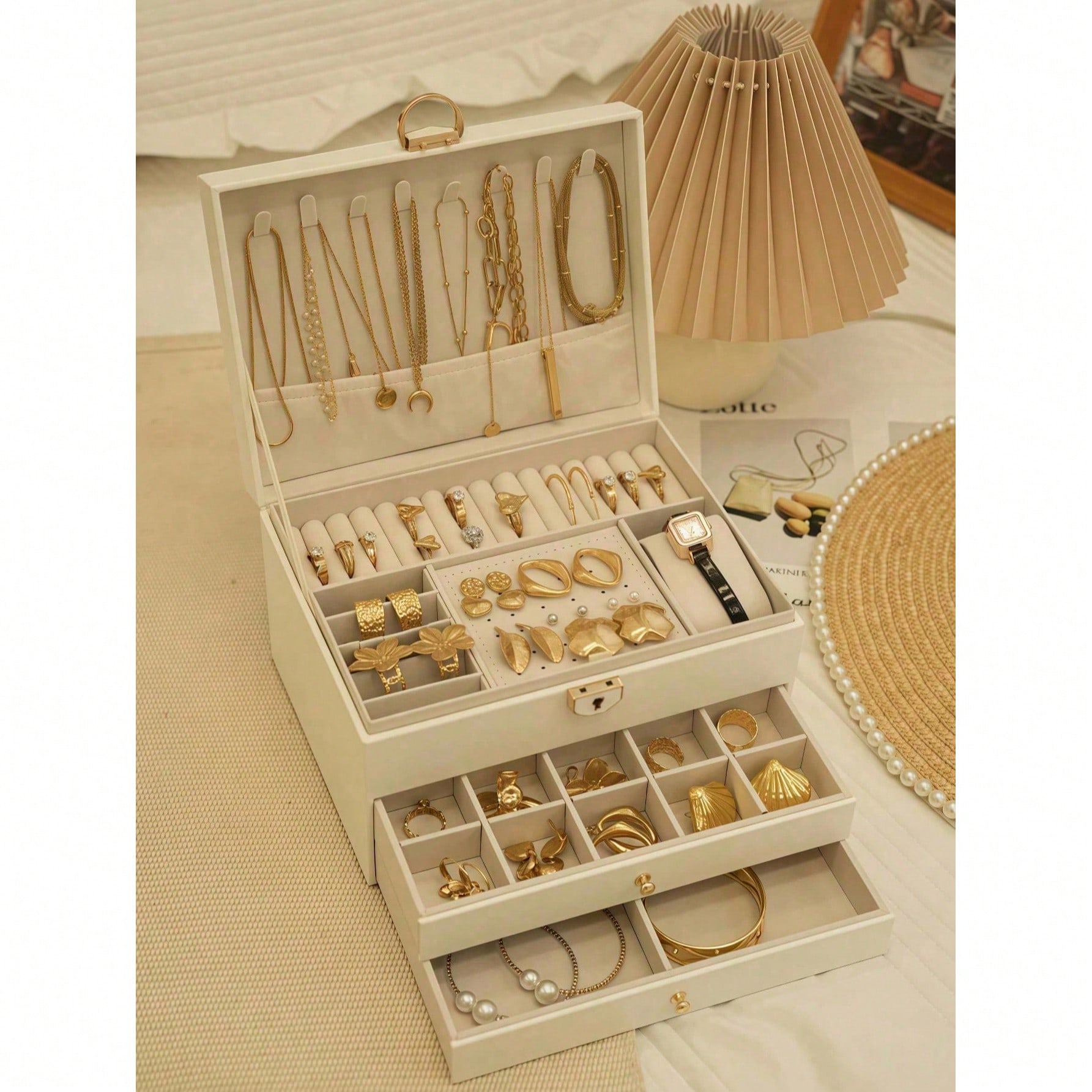 Pieza Caja de almacenamiento de joyas de 3 niveles, organizador de relojes, soporte para aretes, exhibidor de collares, bandeja para pulseras, estuche
