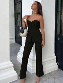 2pcs Elegant Minimalist Holiday Party Commute Daily Business Suit Top, Back To School Summer Black - Black - View 4