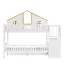 Bunk Bed, Children's Bed, With Contrasting Safety Rail, With Window, Two Drawers With Casters, Stairs With 4 Storage Compartments, Pine+MDF, White+Natural, 90x200cm - White - View 9