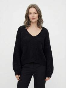 Bộ đồ liền thân bằng len co giãn rộng rãi đơn giản phong cách Bắc Âu dành cho nữ, mua sắm tại nhà, du lịch, mùa thu đông, mùa thu và mùa đông - màu đen - Xem 2