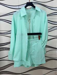 Linen Shirt And Shorts Set (2 Pieces) - Mint Green - View 2