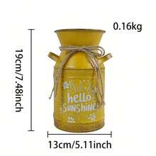 Turmeric-Colored Metal Decorated Milk Jar Vase, Vintage Distressed Iron With Jute Rope Tie, Printed With "Hello Sunshine" Text And Floral Pattern, Brings Fresh And Vibrant Atmosphere. Can Be Used As A Vase For Spring Branches And Dried Flowers, Or As A Storage Jar, Suitable For Desk, Windowsill Decor, Spring Home And Store Display. - Yellow Double-handled Milk Jug - View 3
