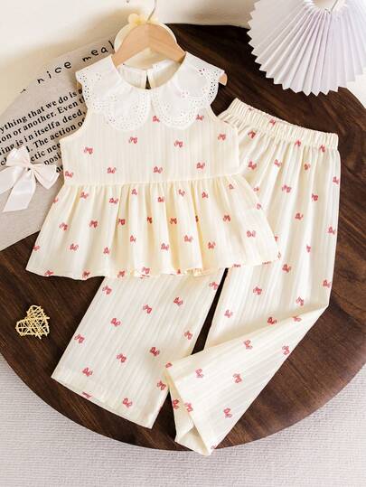 Young Girl' White Bow Collar Set, White Base With Red Bow Print, Elegant Collar Design, Long Sleeve Top + Pants, Suitable For Spring/Autumn School, Family Gatherings, Vacation, Showcasing Sweet And Gentle Girl Vibe. Spring/Summer.
