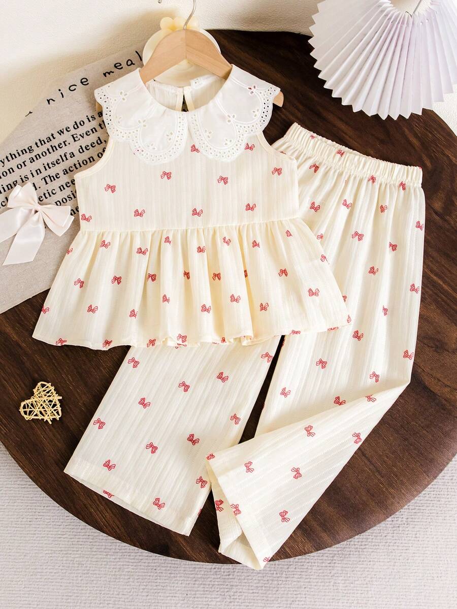 Young Girl' White Bow Collar Set, White Base With Red Bow Print, Elegant Collar Design, Long Sleeve Top + Pants, Suitable For Spring/Autumn School, Family Gatherings, Vacation, Showcasing Sweet And Gentle Girl Vibe. Spring/Summer. - Beige - View 1
