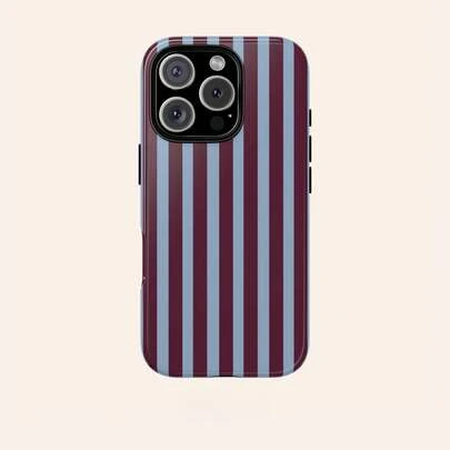 Burgundy And Blue Striped Phone Case, Retro Minimalist Vertical Stripe Design, Vintage Aesthetic Style, Compatible With 17/16/15/14/13/12/11 Pro Max