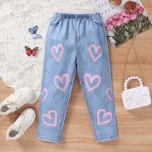 女童休闲裤，可爱爱心印花数码牛仔布面料，适合日常外出穿着 - 藍色 - 查看 3
