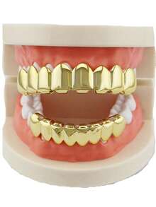 AINTTBY 1pc/2pcs Hip Hop 18K Gold Plated Teeth Grillz, 8 Teeth Shiny Gold Dental Grills, Unisex Halloween Party Costume