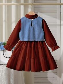 3件套女童串珠连衣裙套装：时尚串珠连衣裙 + 可爱串珠牛仔背心 + 时尚串珠包 - 紅色 - 查看 2