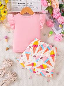 2pcs Baby Girl Cartoon Ice Cream Print Sleeveless Top And Matching Allover Print Shorts Set, Spring/Summer - Pink - View 3