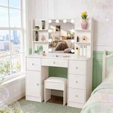 Large Dressing Table Stool Set With LED Lights Mirror, White Vanity Make Up Desk - White - View 3