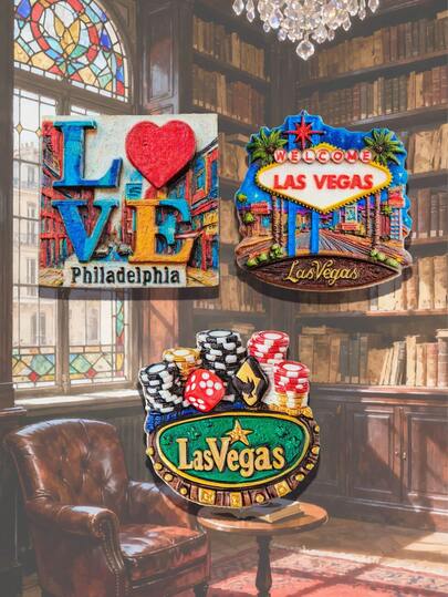 1 pieza Imán de nevera con tema de ciudad estadounidense, cartel LOVE de Filadelfia + Ficha de bienvenida a Las Vegas, regalo decorativo creativo, imán de nevera de resina 3D en relieve de alta gama, decoración de cocina, imán de paisaje famoso del mundo, regalo de decoración del hogar para amantes de los viajes