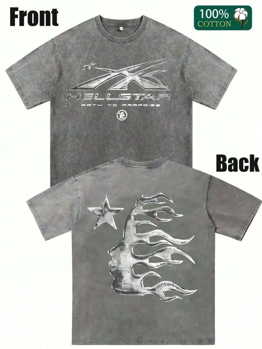 Men's Washed Printed T-Shirt With Star & Flame Design, Loose Casual Summer Cotton Tee, Adult Brown 100% Pure Cotton Round Neck Shirt, Breathable Avant-Garde Daily Wear, 100% Cotton Graphic Top ELII - Xám - Xem 1