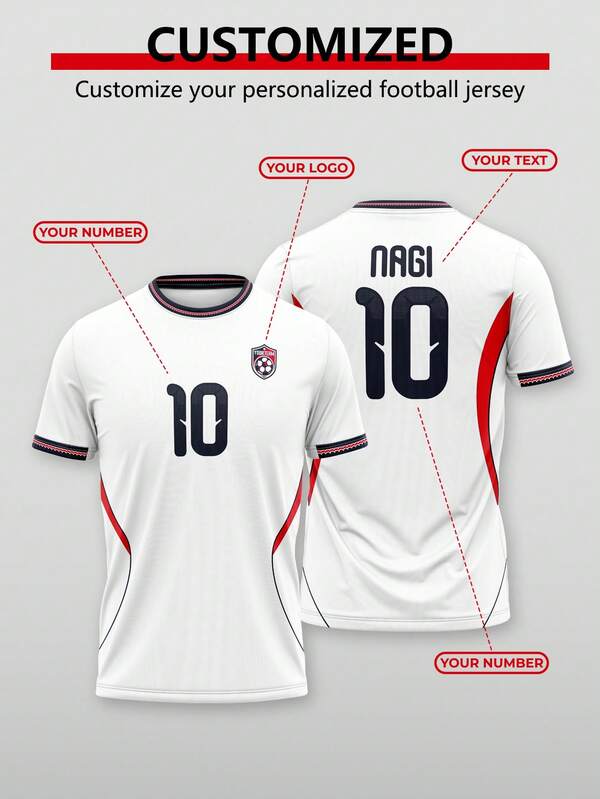 A Custom-Made, England National Team Style Men's Short-Sleeved Sports Shirt For The World Cup (With A Red And White Pattern Design) - Both The Front And Back Are Printed With The Team Name, Number, Team Name And Team Logo (Personalized Design) - Suitable For Football Training, Matches And Team Sports.