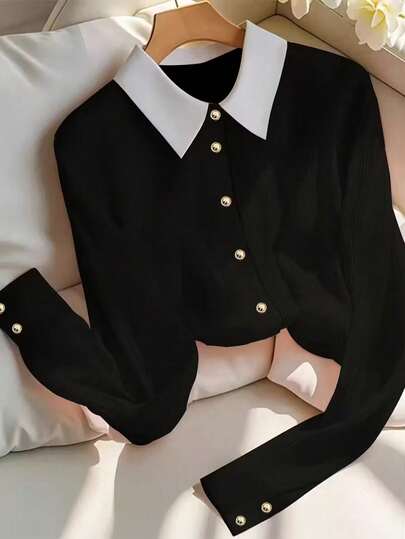 大码女士优雅纽扣衬衫，撞色领，长袖设计，适合日常穿着