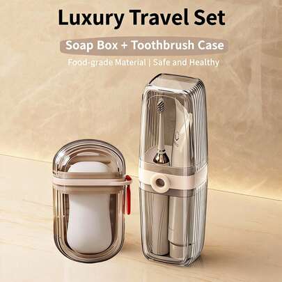 1pc Portable Sealed Leak-Proof Toiletry Case, Mini Carry Handle Wash Bag, Convenient Travel Mouthwash Cup Toiletry Box, Couples Toothbrush Cup, Toothbrush Toothpaste Box Set, Business Trip Outdoor Camping Travel Portable, Suitable For Home, School, Travel Bag Storage