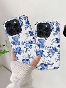 1pc Blue Floral Pattern Shockproof Soft TPU+PC Hybrid Phone Case Compatible With Apple 11/12/13/14/15/16/16 Plus/16 Pro/16 Pro Max/17/17 Air/17 Pro/17 Pro Max - Multicolor - View 4