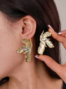 2/10pcs Symmetric Floral Petal Stud Earrings Set, Gold Plated, Suitable For Daily Wear And Gift For Family/Friends - Yellow Gold - View 4