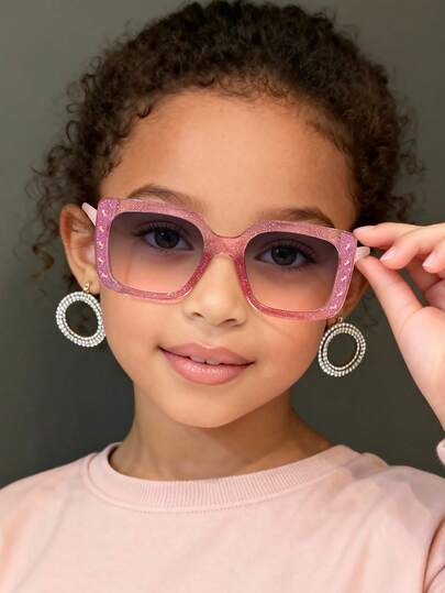 1 PC Girls 3-8Y Shiny Diamond Inlay And Retro Square Polycarbonate Frames Fashion Glasses For Outdoor And Party With Glasses Box