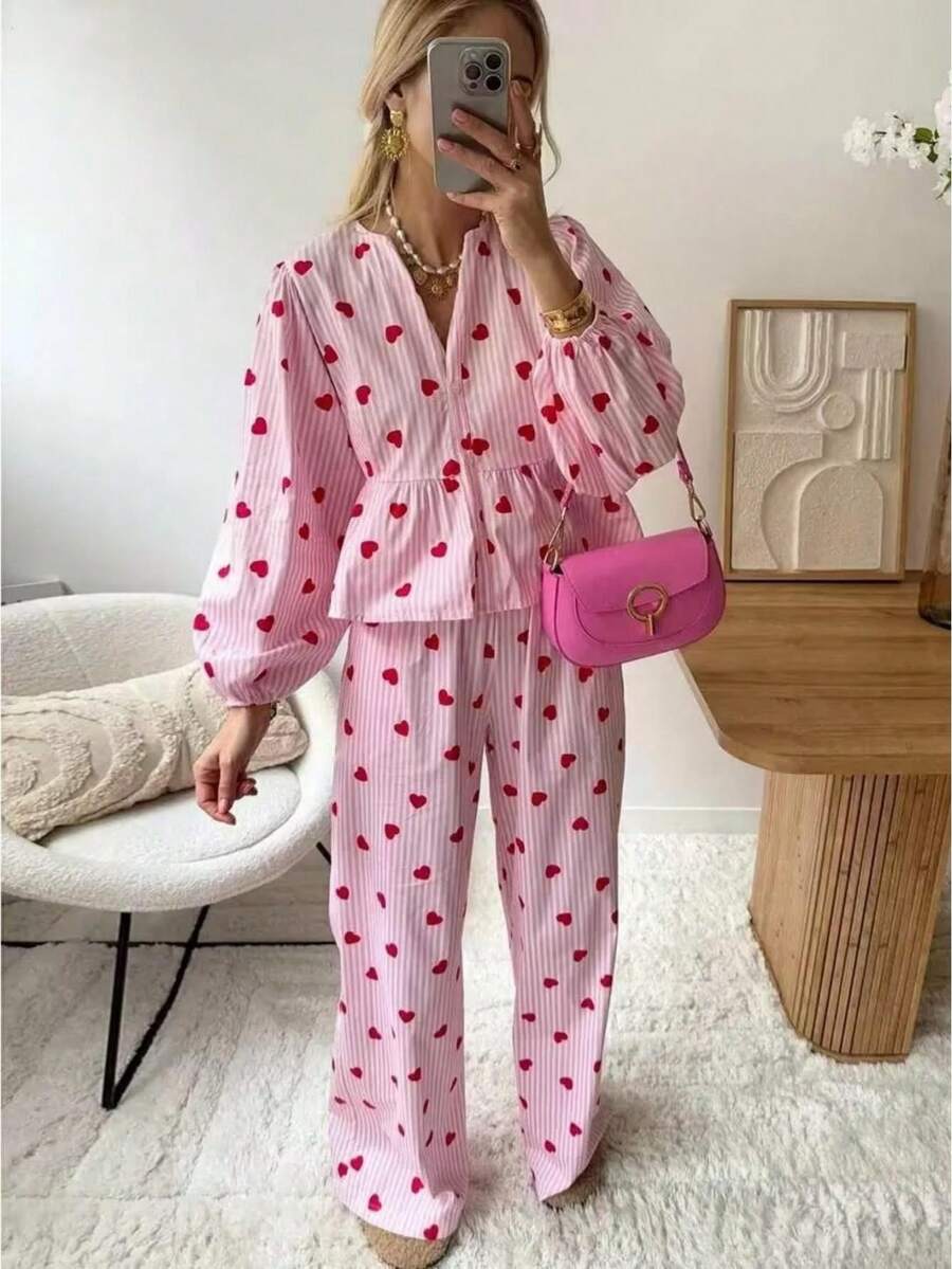 Womens 2 Piece Outfits Heart Print Peplum Tops  Pants Sets Puff Long Sleeve Blouse Y2K Lounge Sets - 粉色 - 查看 1