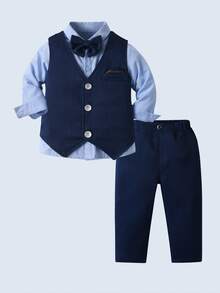 BOARNSEORL Bộ vest 3 món cho bé trai: Áo sơ mi xanh có nơ, áo vest xanh navy và quần dài, thời trang &, thích hợp cho tiệc sinh nhật, đám cưới, cậu bé hầu bàn, dịp lễ trang trọng - Màu xanh hải quân - Xem 1