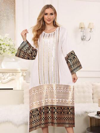 2026 New Style Ramadan Traditional Elegant Dress, Gold Beaded Embroidery, Arabic Women's Dress With Patchwork Hem, Round Neck Long Sleeve, Fashionable And Graceful